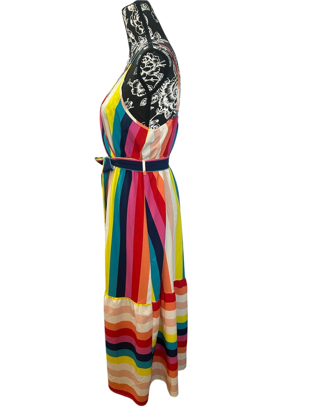 Rainbow Colorblock Striped Spaghetti Strap Maxi Dress Sundress Ruffle Belted L - Picture 7 of 12